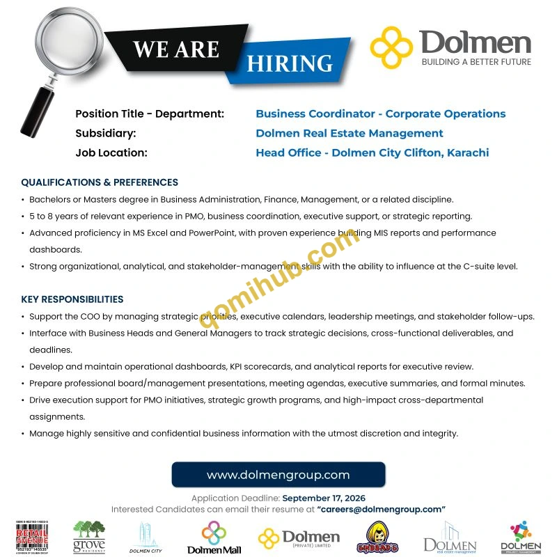 Dolmen Group Invites Business Coordinator Corporate Operations Jobs 2026 In Karachi