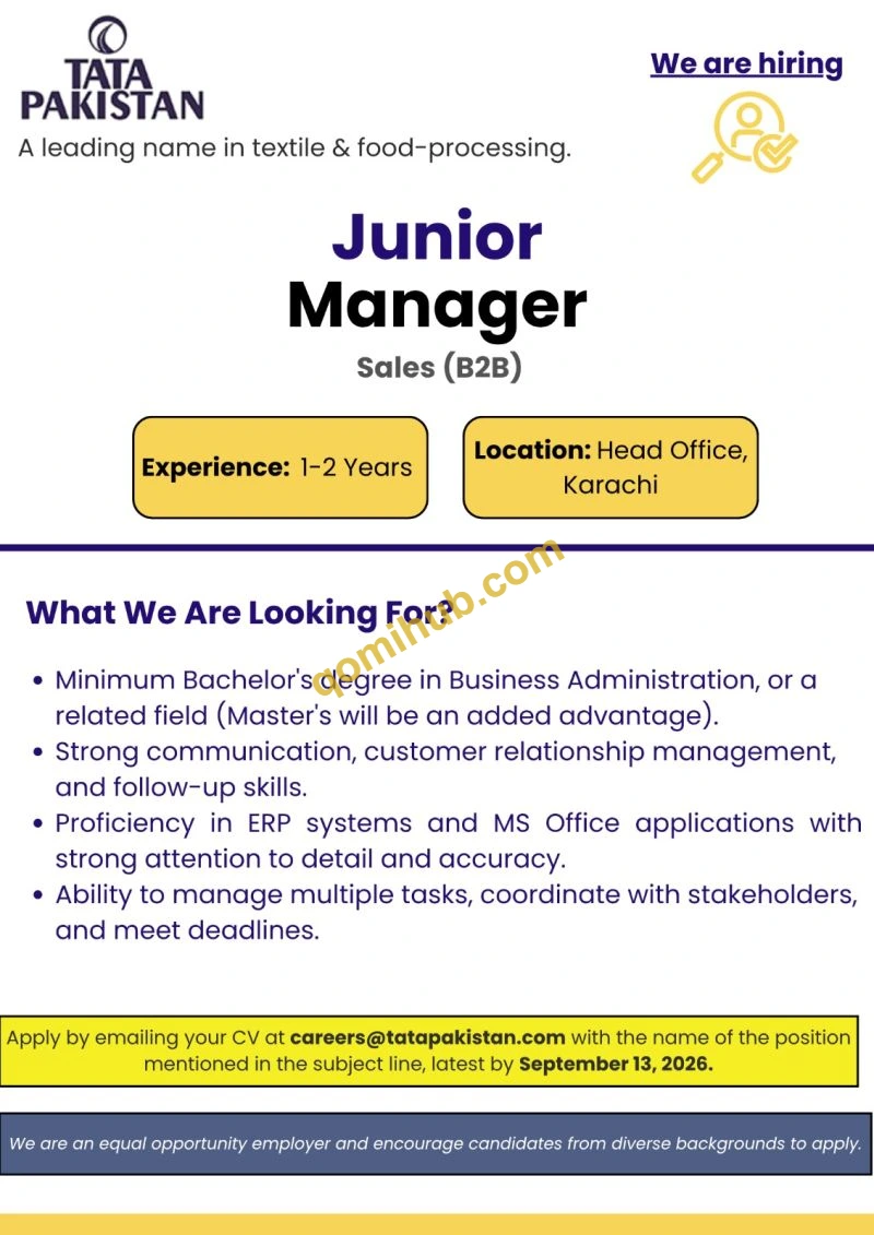 TATA Pakistan Junior Manager Sales B2B Jobs 2026 In Karachi