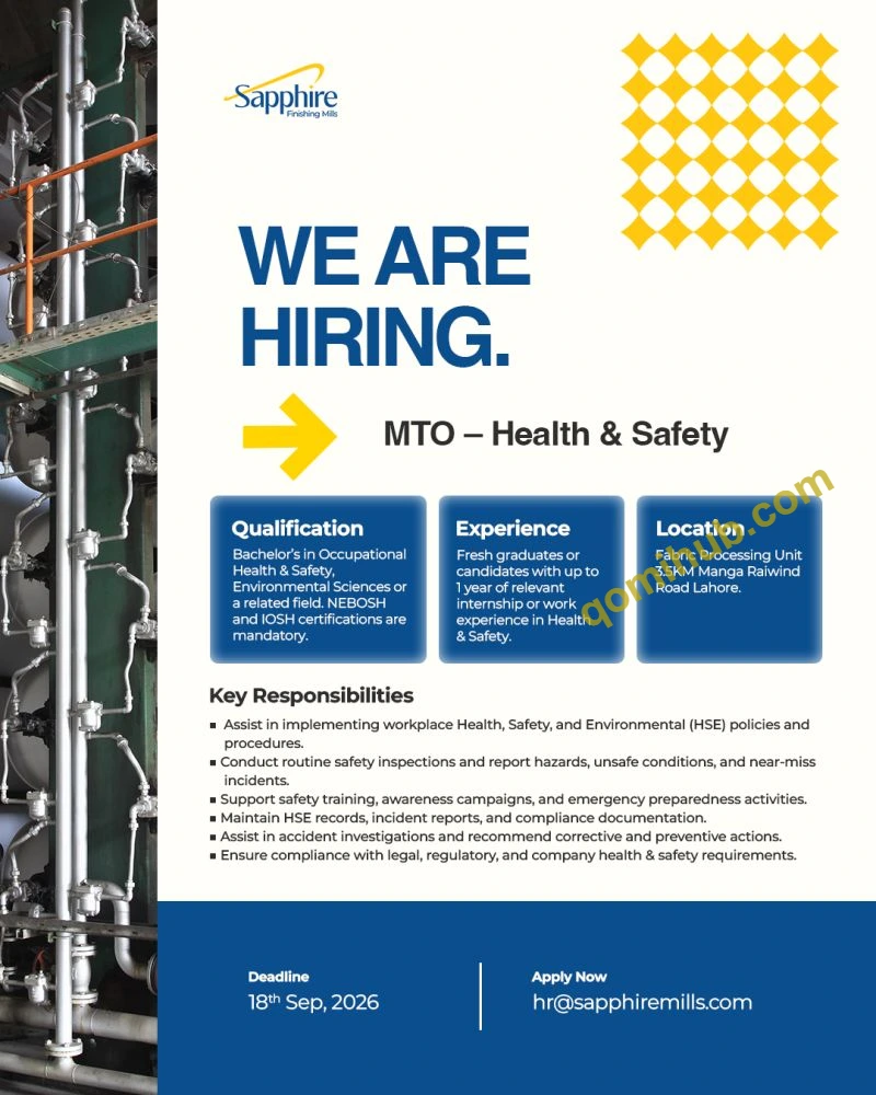 Sapphire Finishing Mills Hiring MTO Health & Safety Jobs 2026 in Lahore
