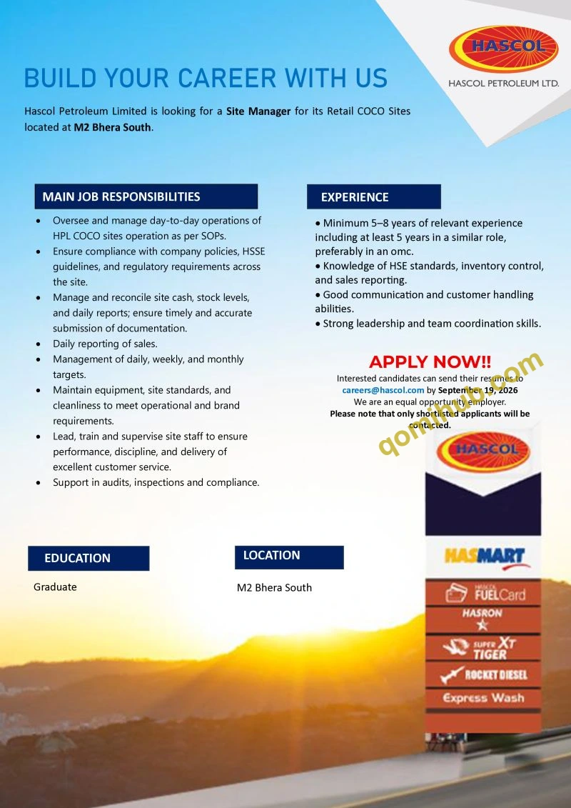 Hascol Petroleum Limited Announced Site Manager Jobs 2026 at M2 Bhera South