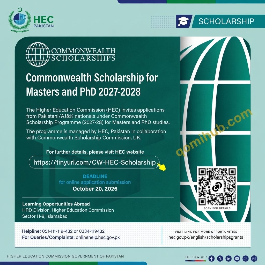 Commonwealth Scholarship 2027-28 In UK – Master's & PhD Applications Open via HEC