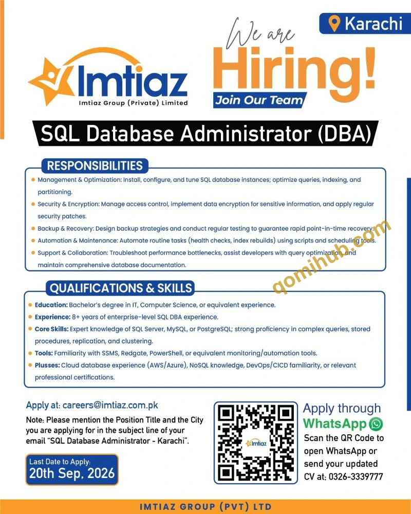 Imtiaz Group Limited Announced SQL Database Administrator DBA Jobs 2026 In Karachi