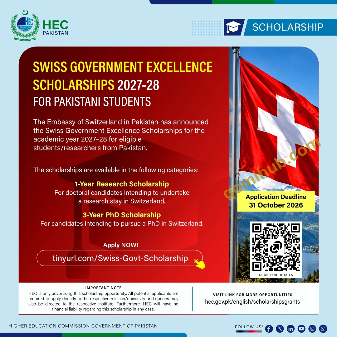 Swiss Government Excellence Scholarships 2027–28 for Pakistani Students | Apply For PhD & Research Program
