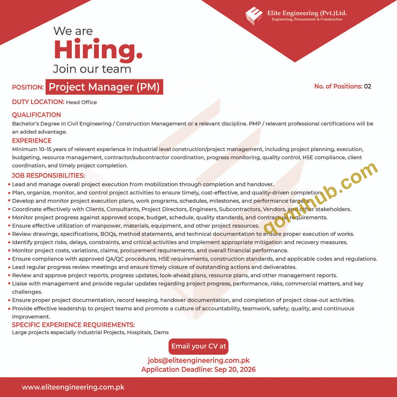 Elite Engineering (Pvt.) Ltd Announced Project Manager Jobs 2026 In Lahore