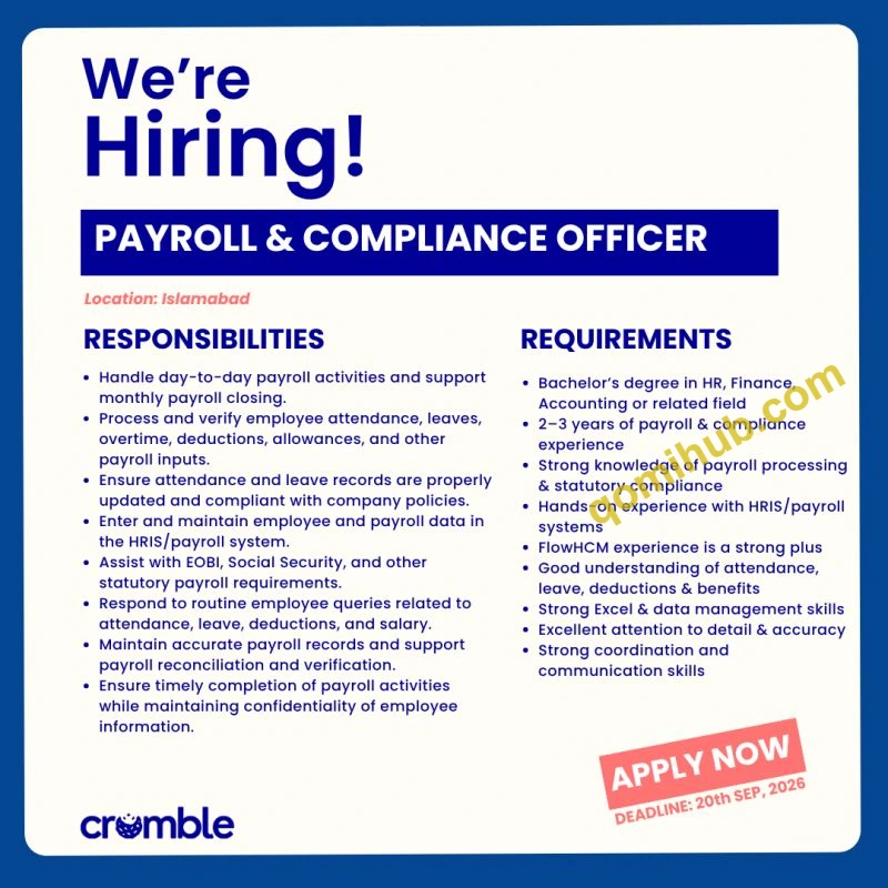 Crumble Is Looking Payroll & Compliance Officer Jobs 2026 In Islamabad