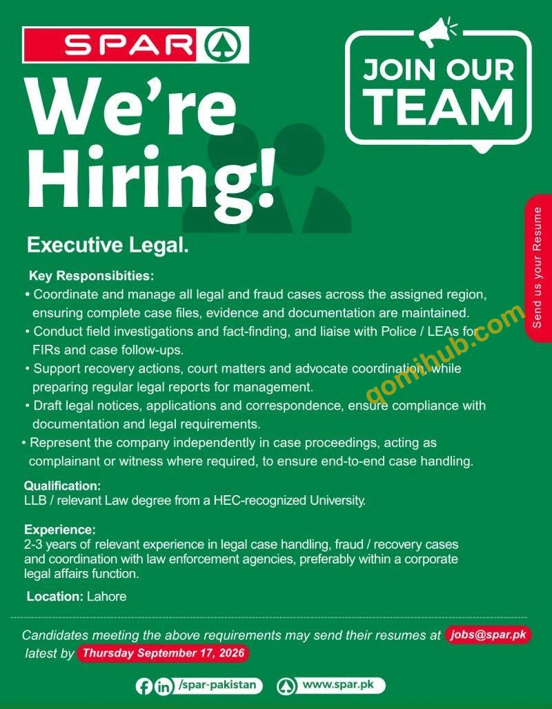 SPAR Pakistan Is Looking Executive Legal Jobs 2026 In Lahore