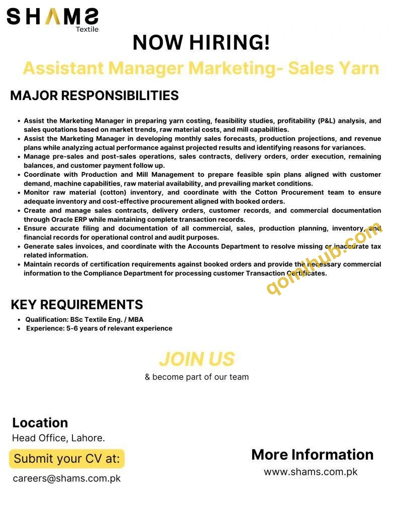 Shams Textile Mills Ltd Is Looking Assistant Manager Marketing Jobs 2026 In Lahore