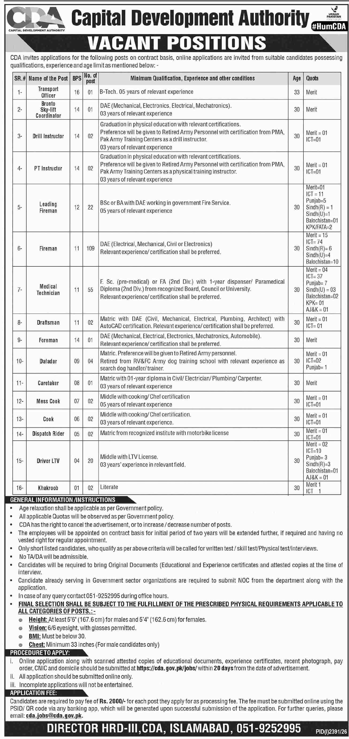 CDA Is Looking Fireman, Medical Technicians, Drivers & Transport Officer Jobs 2026 In Islamabad