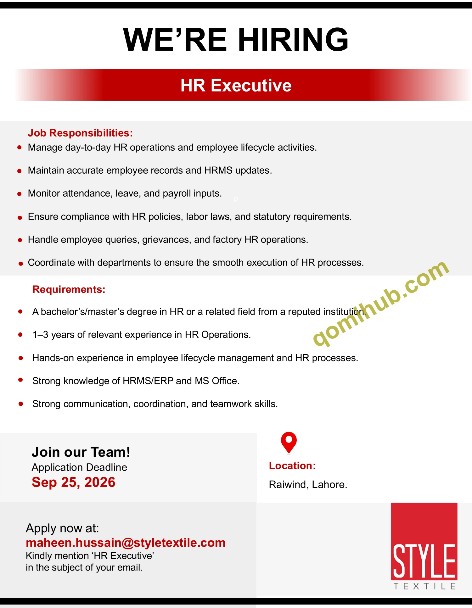 Style Textile HR Executive Jobs 2026 In Lahore