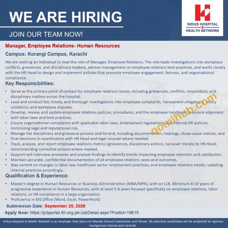 Indus Hospital Manager Employee Relations In Korangi Karachi