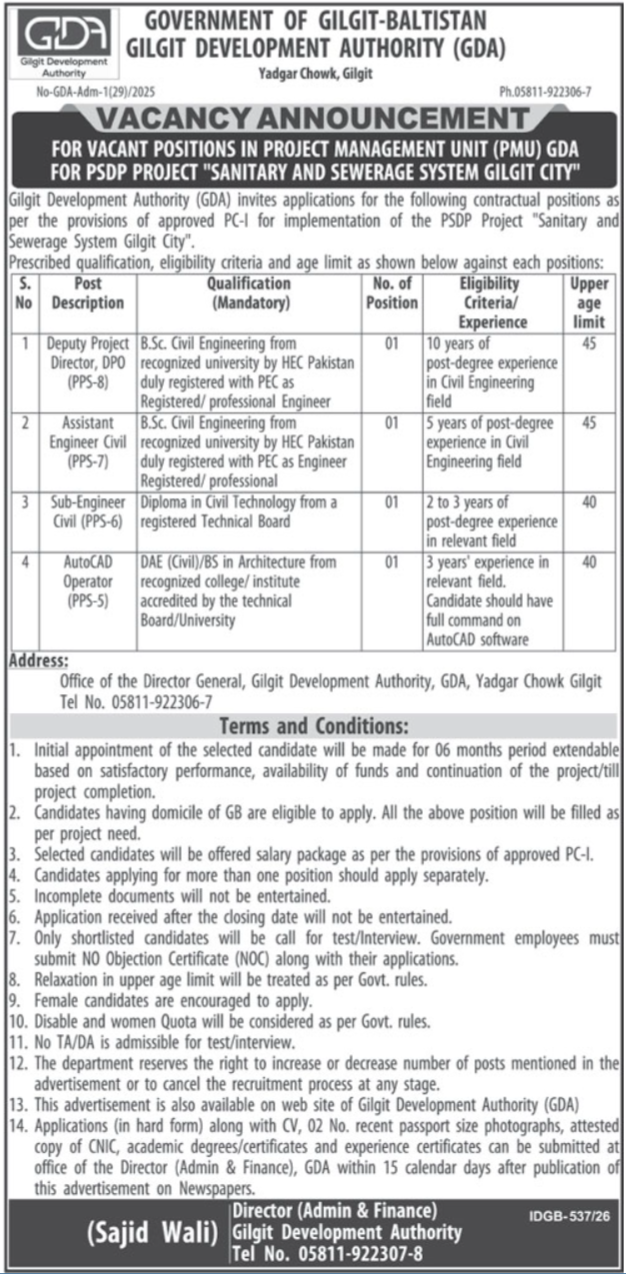 Gilgit Development Authority Jobs September 2026 Latest