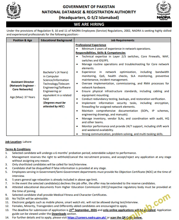 NADRA Assistant Director Network Engineer Core Networks Jobs 2026 In Lahore