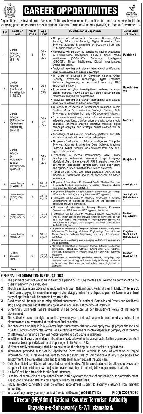 NACTA Junior Analyst & Data Scientist Jobs 2026 in Islamabad