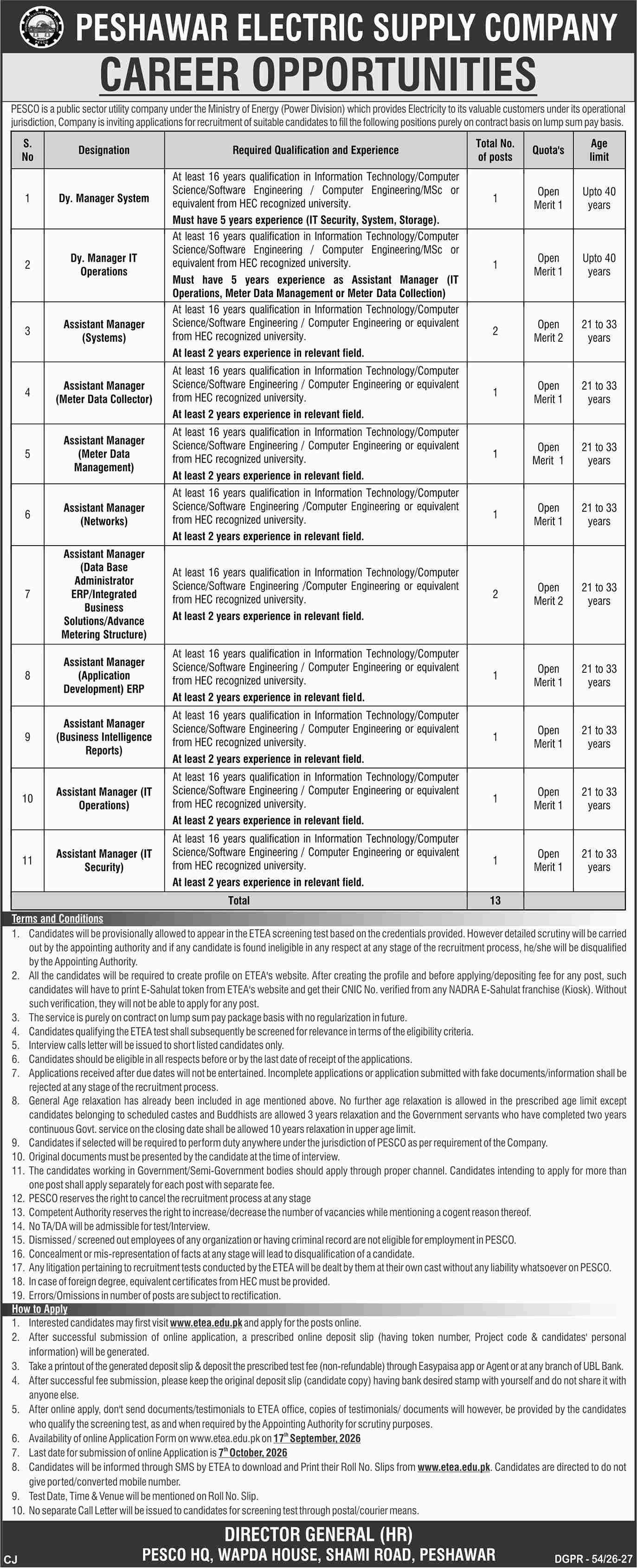 PESCO Deputy Manager & Assistant Manager IT Jobs 2026 Apply via ETEA