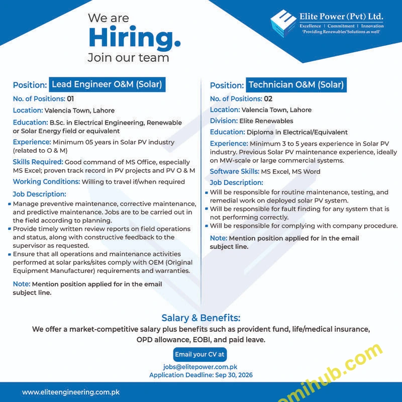 Elite Power Pvt Ltd Latest Jobs 2026 in Lahore