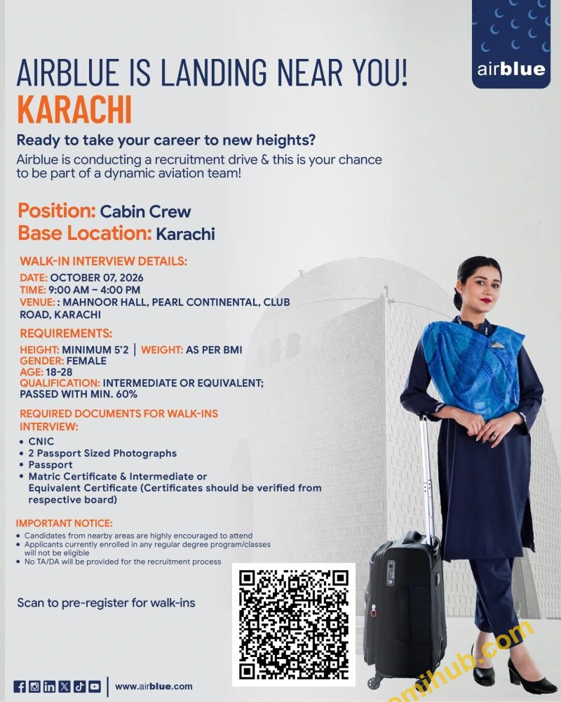 Airblue Walk-in Interview Cabin Crew Jobs 2026 in Karachi