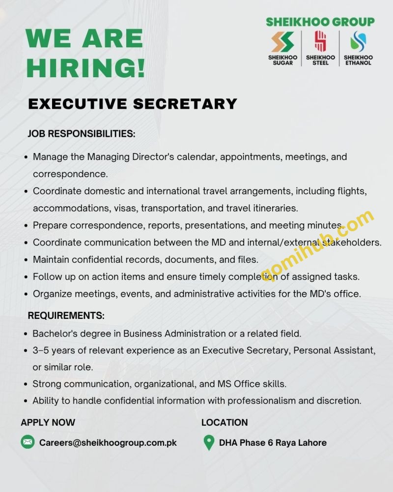 Sheikhoo Group Executive Secretary Jobs in Lahore