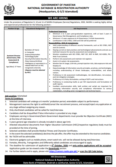 NADRA Assistant Director GRC Jobs September 2026 in Islamabad