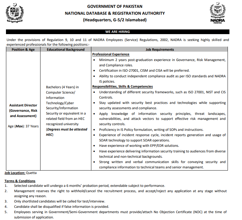 NADRA Announces Jobs Jobs 2026 For IT Graduates In Quetta