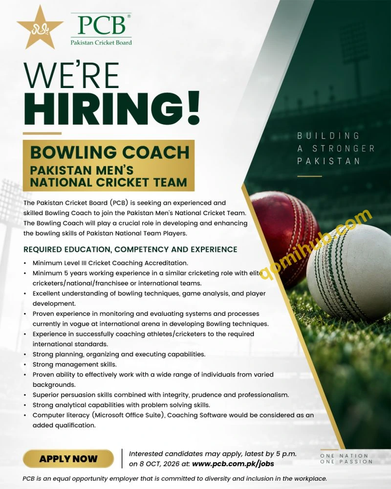 PCB Bowling Coach Pakistan Men’s National Cricket Team Jobs 2026