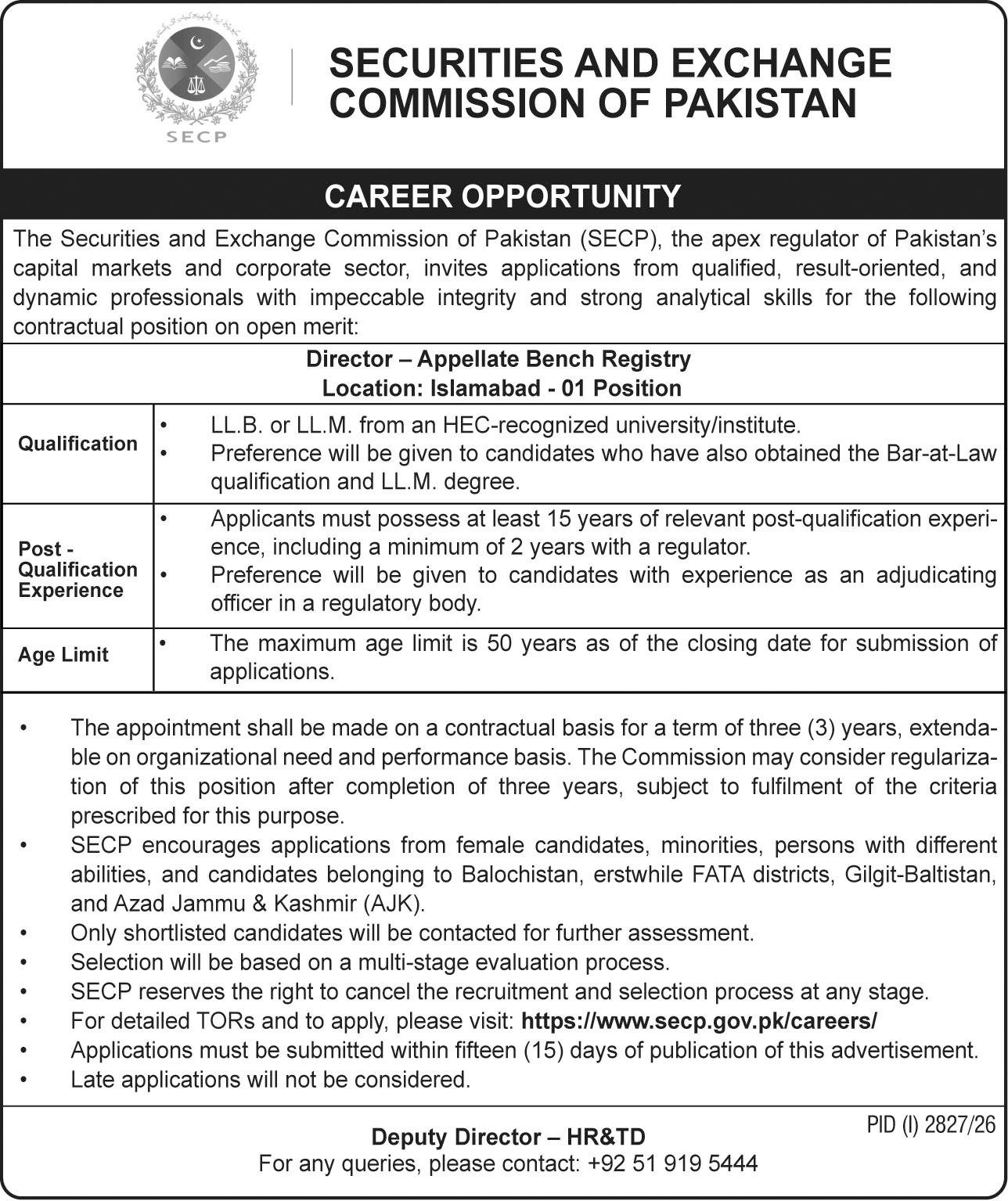 SECP Is Seeking Director Appellate Bench Registry Jobs 2026