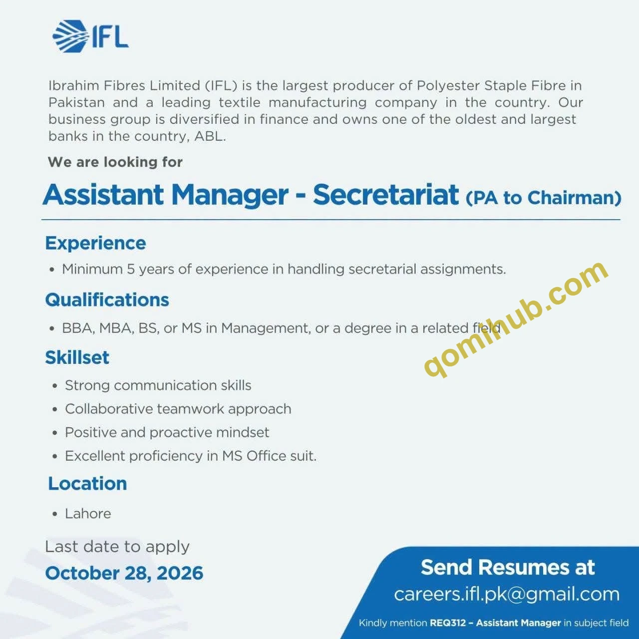 Ibrahim Fibres Limited Announces Assistant Manager Secretariat Jobs 2026