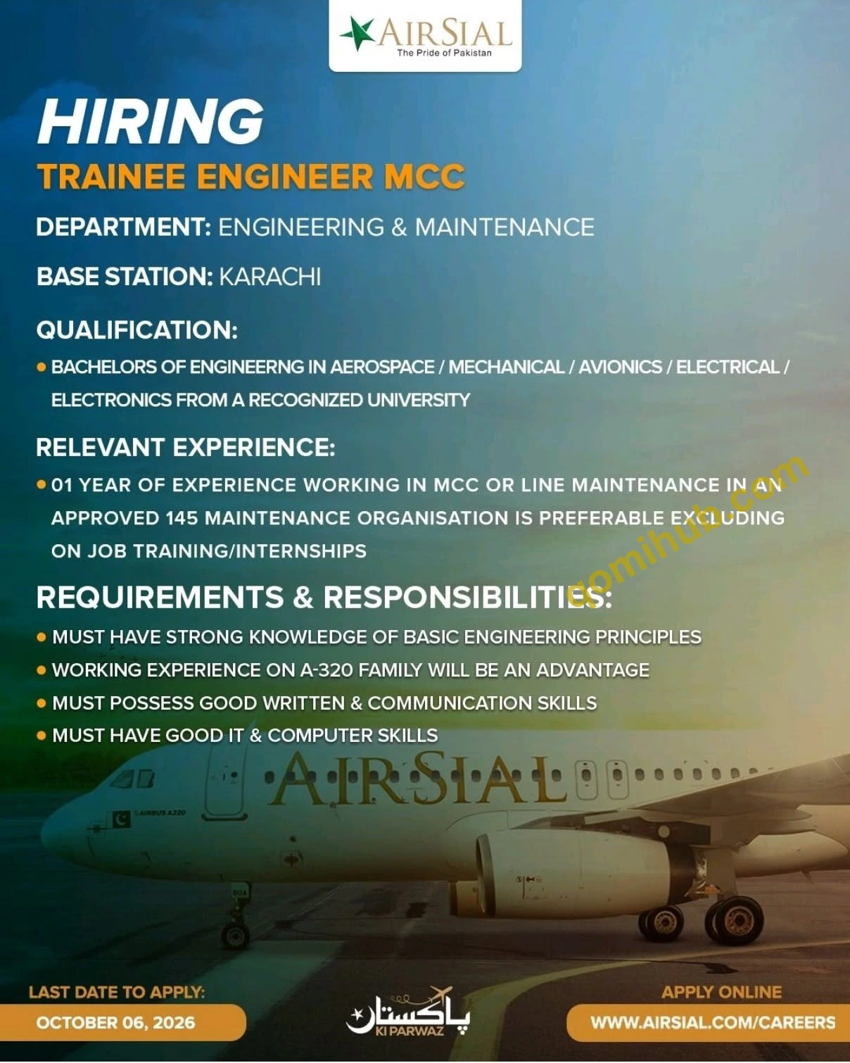 AirSial Is Hiring Trainee Engineer MCC Jobs 2026 In Karachi