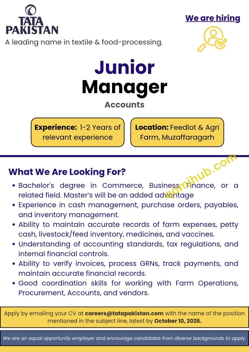 TATA Pakistan Is Hiring Junior Manager Accounts Jobs 2026