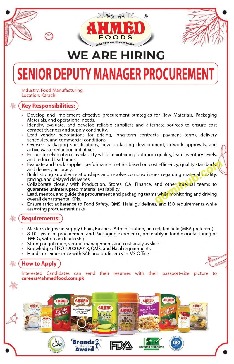 Ahmed Foods (Pvt) Ltd is hiring a Senior Deputy Manager Procurement jobs 2026